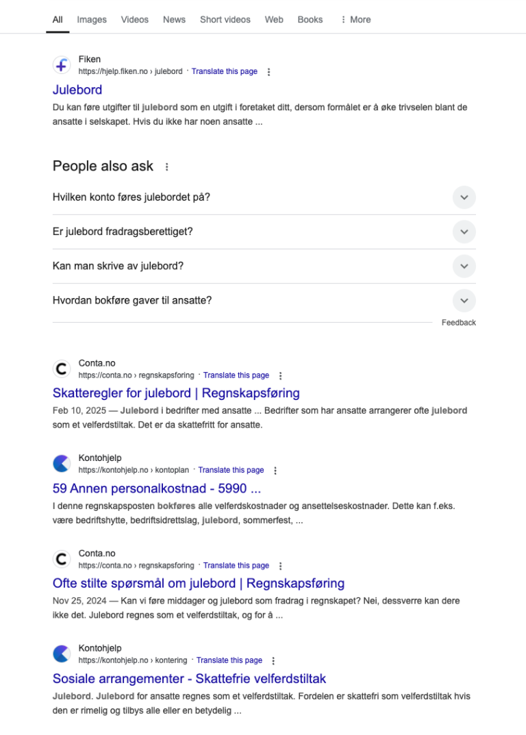 Google search: Hvordan bokføre julebord