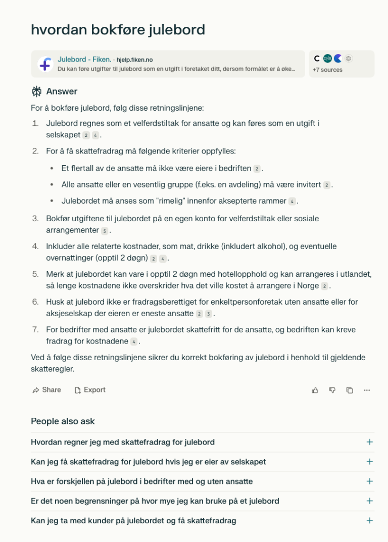 Hvordan bokføre julebord svar fra Perplexity